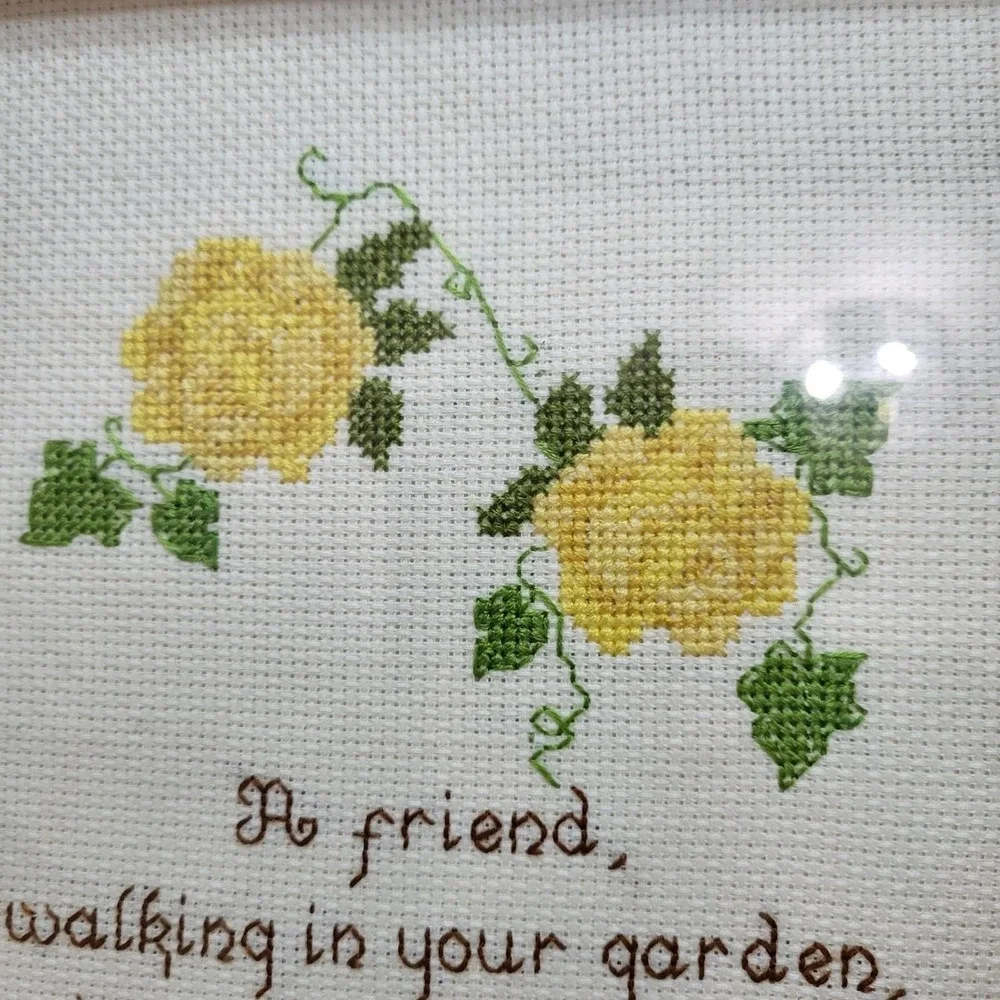 VTG Wood Framed Cross Stitch Needlepoint Friend Walking Garden Picture Roses